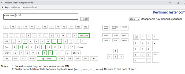 Giao diện Test Keyboard online với website Keyboard Tester