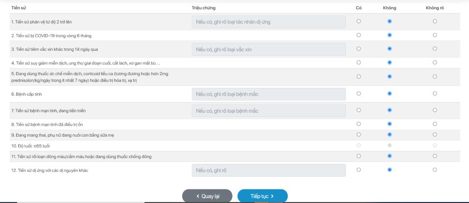 Khai báo tiền sử bệnh khi đăng ký tiêm Vaccine Covid 19 online