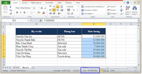 Cách tính tổng nhanh trong Excel